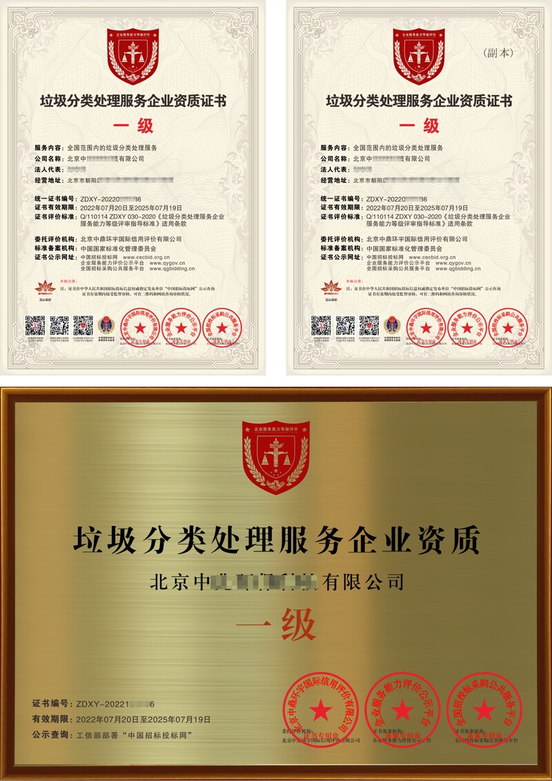 垃圾分类处理服务企业资质证书